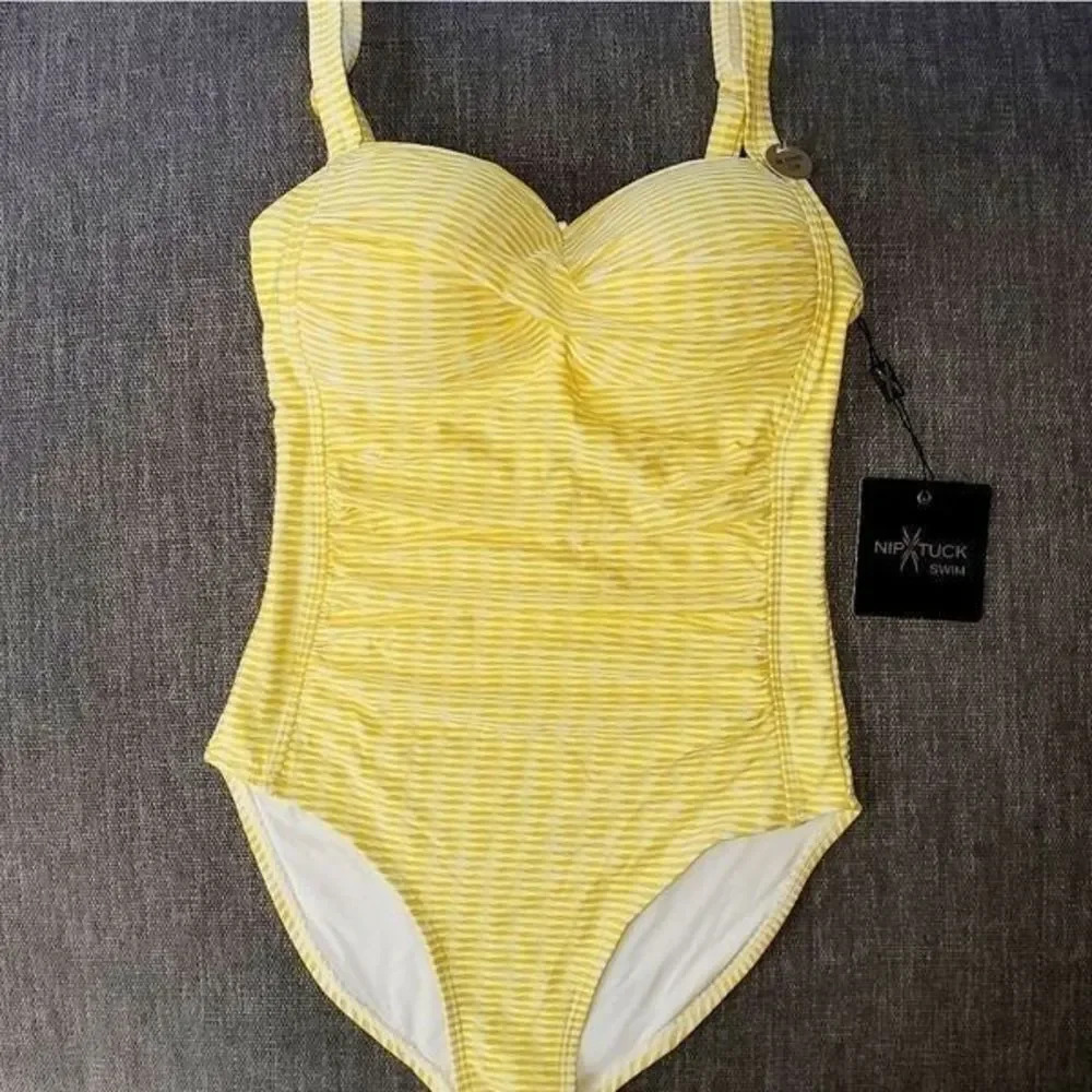 Nip Tuck Yellow white pin stripe size 4 Women's one piece swimsuit